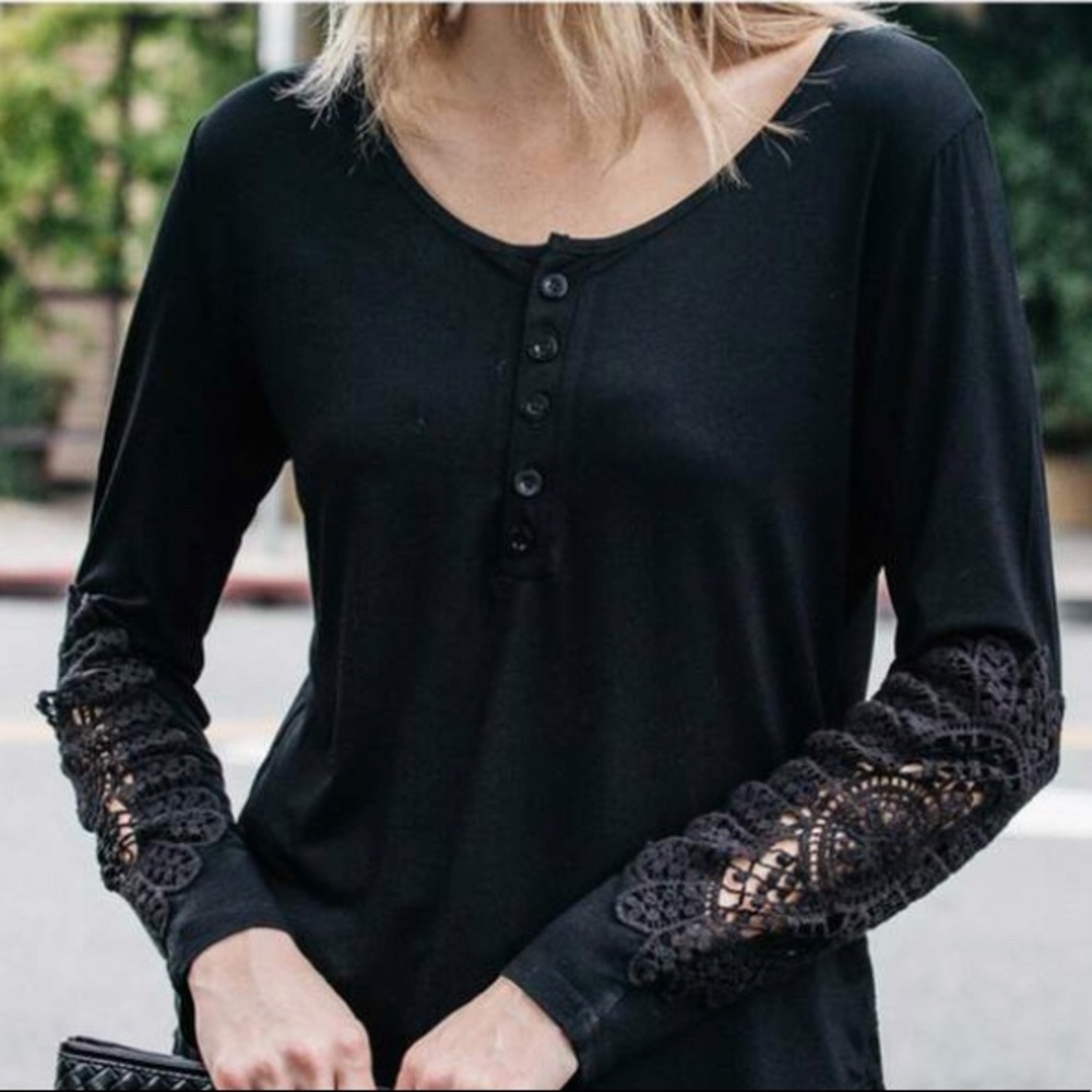 Soft Modal Henley Top with Crochet Sleeves